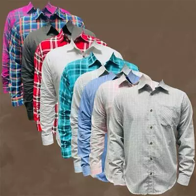 Mens Long Sleeve Button Down Casual Formal Check Cotton Shirt S-3XL SF-339 • £7.99