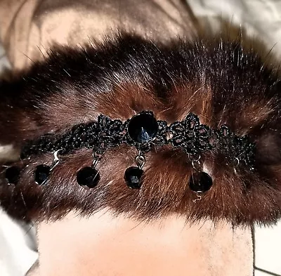 Real Dark Brown Mink Fur Cuff Bracelet Gothic Punk  W/Black Dangle Crystals • $23.99
