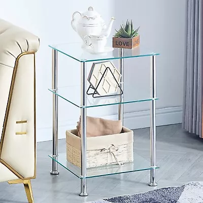 3 Tiers Square Clear Tempered Glass Side End Sofa Table With Storage Shelves • $49.99