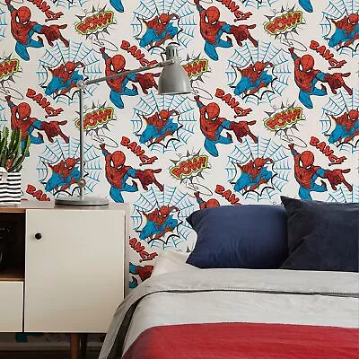 Marvel Spider-Man Pow! Wallpaper Roll 52cm X 10m White And Red Wallpaper • £14.39