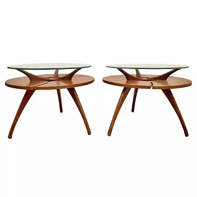 2 Vintage Mid Century Round Sculptural Wood Floating Glass Coffee End Table's  • $750