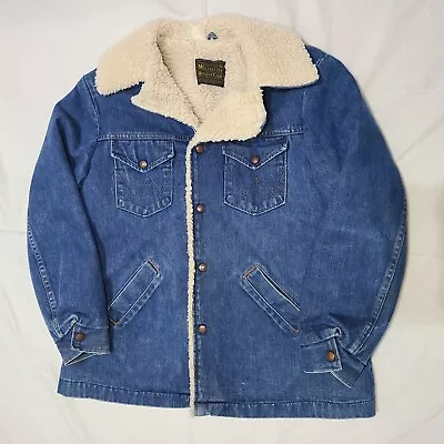 Wrangler Wrange Coat Sherpa Denim Vintage Jacket Mens Large Made In USA Lined  • $59.98