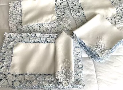 VINTAGE 34 PC SET~BLUE & WHITE LINENS 16 Monogram Napkins/16 Placemats/2 Runners • $120