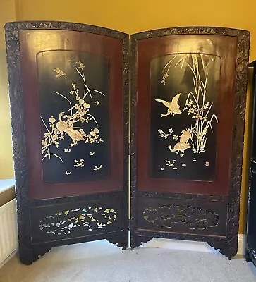 Antique Screen Divider Japanese Lacquered Carved Inlaid Shibayama Meiji Period • £485