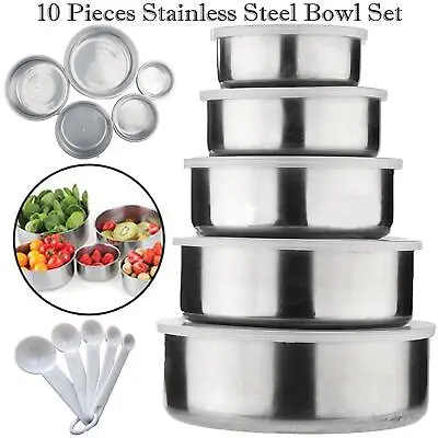 Storage Bowls With Silicone Lids 10Pcs Mixing Set Stainless Steel Food Box • £7.99