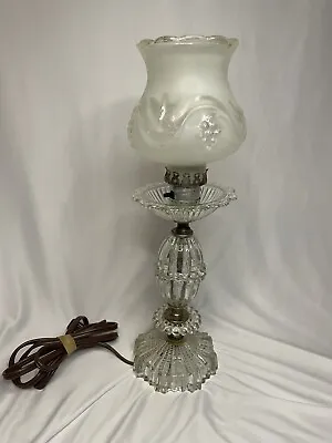 Vintage Crystal Frosted Hurricane Floral Shade Boudoir Lamp Clear Glass Works • $48