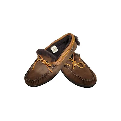 Cabela's Genuine Leather Sherling Slippers Men 9 Coffee Brown Slip-on Warm Comfy • $30