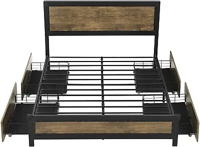 $259.97 • Buy Industrial Queen Bed Frame W/4 Drawers &Rivet Headboard Metal Platform Bed Frame