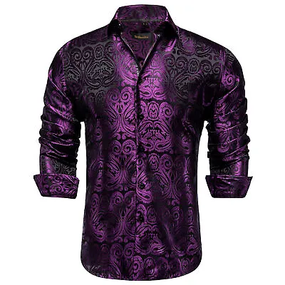 White Dress Shirts For Men Casual Long Sleeve Silk Purple Button Down Top Shirt • £18.99