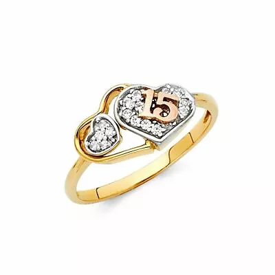 Triple Heart CZ 15 Años Quinceañera 9mm 14k 3 Tone Gold Ring Corazón Oro Anillo • $239.98