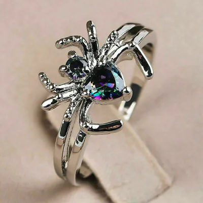 925 Sterling Silver Rainbow Mystical Topaz Spider Unique Engagement Ring Size 10 • $15.74