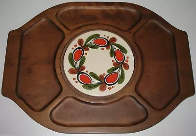 Divided Wooden Serving Tray With Tile Insert MCM Mid Century Modern 16  Vintage  • $47.99