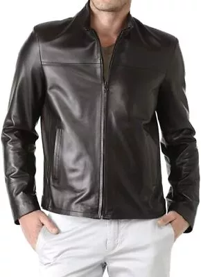 Men's Authentic Lambskin Leather Jacket Biker Black Zipper Plain Fashion Outwear • $149.60