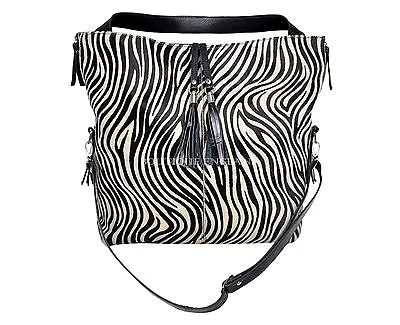 New Luxury Ladies Black Real Cow Fur Zebra Print Leather Shoulder Strap Handbag • £174.99