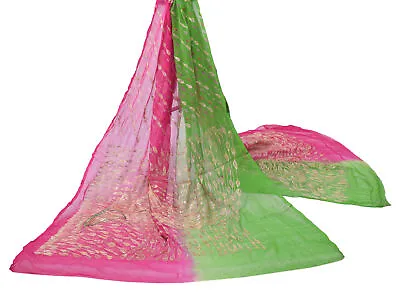 Sushila Vintage Pink  & Green Dupatta Pure Chiffon Silk Embroidered Long Stole • $26.99