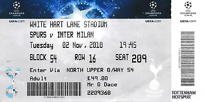 TICKET: Tottenham V Inter Milan (UEFA Champions League) 2010/2011 • £5.99