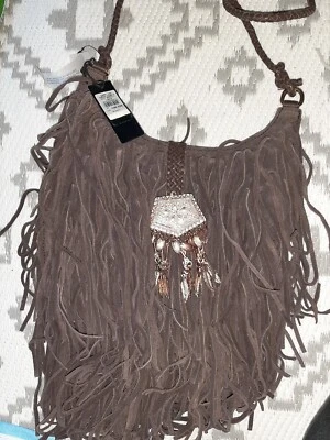 £35 • Buy Brown Leather Fringe Tassel River Island Boho Leather Bag Bnwt