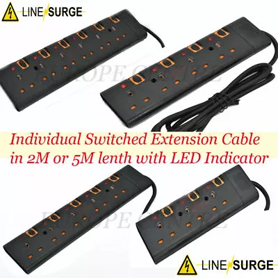 Surge Protected Switched Extension Lead Cable 5m Meter Metre 3 4 5 6 Way - Black • £15.99