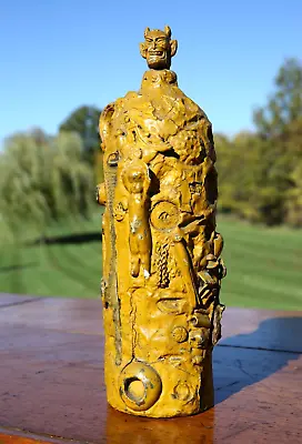 Antique Memory Jug Devil Head Folk Art Vase Vintage Halloween Mustard Paint RARE • $850
