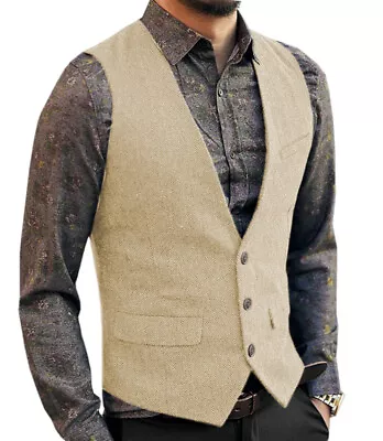 Men Tweed Vests Western Vintage Formal Groom Wedding Casual Vest M Large XL XXL • $12.74