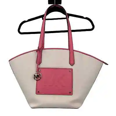 Michael Kors Cream White Pink Shoulder Kimber Large Cotton Canvas Tote Bag Purse • $175