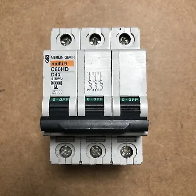 MERLIN GERIN 40 AMP TYPE D 10kA TRIPLE POLE MCB CIRCUIT BREAKER C60HD 25733 • £18