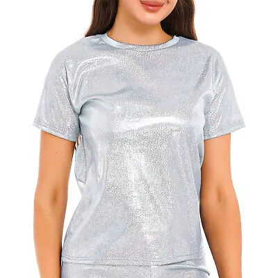 £15.50 • Buy Women's Shiny Metallic Holographic Hip Hop Loose Tops Blouse Club T-Shirt Tee