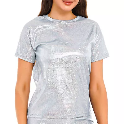 £15.50 • Buy Women's Shiny Metallic Holographic Hip Hop Loose Tops Blouse Club T-Shirt Tee