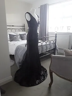 £55 • Buy Gorgeous Goddiva Black Sequin Long Fishtail Evening Dress Size 8