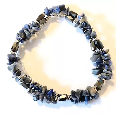 Handmade Necklace Blue Sodalite Gemstone Chips & Magnetic Black Hematite Beads • £5