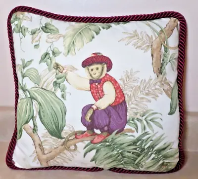 Fancy Dressed Monkey Throw Pillow With Burgundy Rope Edging. 14  X 14  • $39