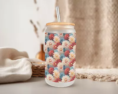 Garden Of Colorful Dahlias Frosted Glass Can W Bamboo Lid 16 Oz Glass Cup Mugzan • $17.99