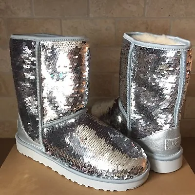 UGG Classic Short Silver Sparkles Sequin Sheepskin Boots Size US 8 Women • $169.99