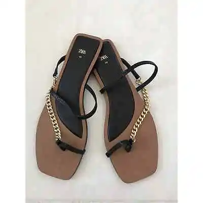 $35 • Buy Zara Women Sz 40 Flat Sandals Strappy Gold Chain Flip Flops