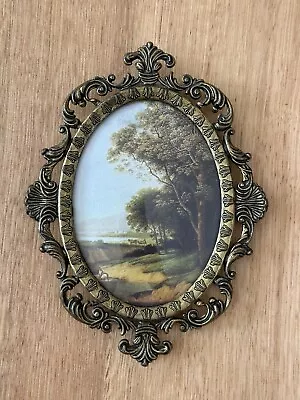 Vintage Brass Italian Orange Oval Frame Silk Picture Tree Landscape Hills • $38.53