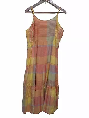 Beach Lunch Lounge Maxi Dress XL Lana Madras Plaid Tiered Midi Linen Cotton • $19.60