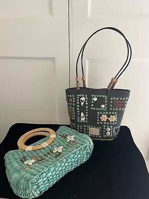 2 VINTAGE WOVEN STRAW BASKET/HANDBAGS SHELLS BEADS EMBROIDERY (1 By Jane Norman) • £24.99