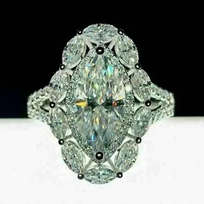 4.5CT Marquise Cut Real Moissanite Cluster Engagement Ring 14K White Gold Plated • $352.99