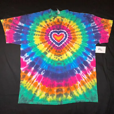 XL Hand Tie Dye Rainbow Heart Cotton T-shirt • £10