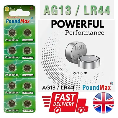 PoundMax LR44 Batteries Alkaline AG13 357 A76 RW82 L1154 SR44 Button Coin Cell • £1.99