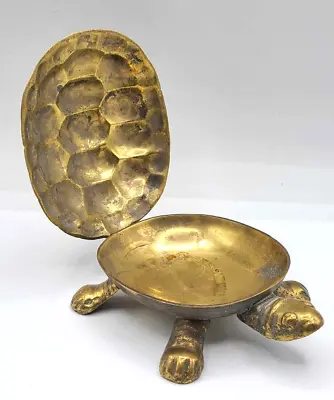 Vintage Brass Turtle Trinket Box Hinged Lid 6.5 L Tortoise Jewelry Soap Dish • $35