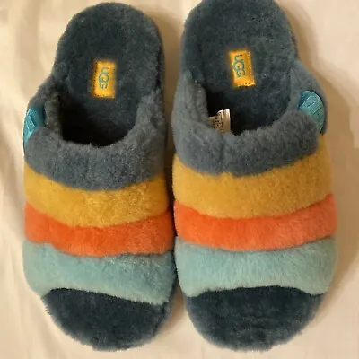 UGG Fluff You Marina Blue Plush Slippers  Lamb Fur Striped Flip Flops NEW Size 9 • $64