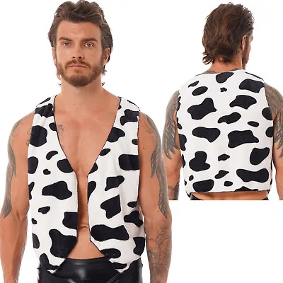 Mens Cow Print Vest Sleeveless Open Front Cardigan Hippie Costume Waistcoat Tops • £12.69