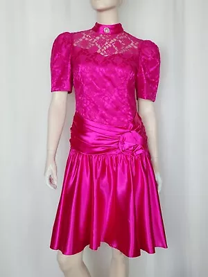 Vtg 80s Lace Satin Ruched Party Prom Cocktail Dress Pink M • $61.93