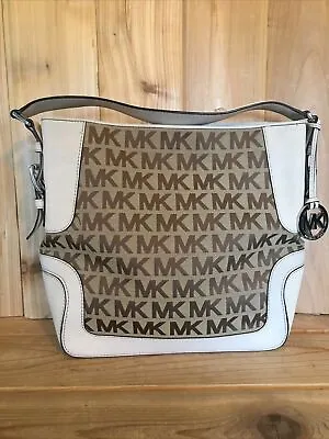 Michael Kors Brookville Large MK Signature Logo Shoulder Bag Leather Trim • $45