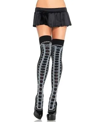 Black Faux  Lace Up Thi High Black Stockings Leg Avenue 6621 • £8.99