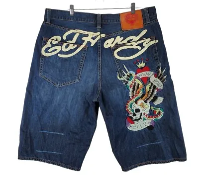 Ed Hardy Skull Tattoo 14” Board Short Men 40 Baggy Wide Leg Embroidered All Over • $52