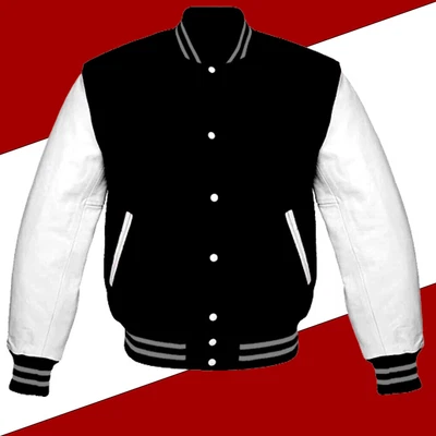 £74.99 • Buy Lettermen Baseball Varsity College Jacket Black Wool & White Leather Sleeves