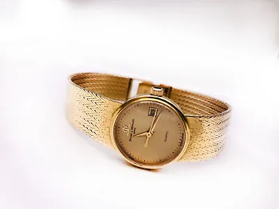 18K Sold Gold Vintage Baume & Mercier GENEVE Quartz Watch Date 26mm 6 3/4  Size • $3695.91