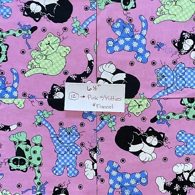 $14.99 • Buy Lot Of 12 Vintage 6.5” Fabric Quilt/Craft Sq Flannel Pink W/Cat, Kitten, Kitties